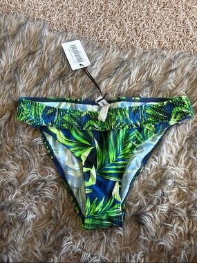 Tropical Leaf Smocked Bikini Bottom - Blue & Green